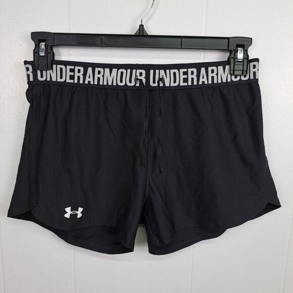 Under Armour Women’s HeatGear Shorts SM Black Logo Waistband Athletic - Picture 1 of 8